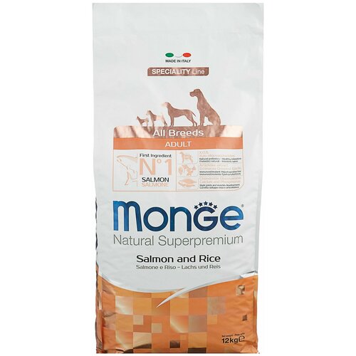 Сухой корм для собак Monge Speciality line, лосось, с рисом 1 уп. х 1 шт. х 12 кг сухой корм для собак monge speciality line лосось с рисом 1 уп х 2 шт х 12 кг