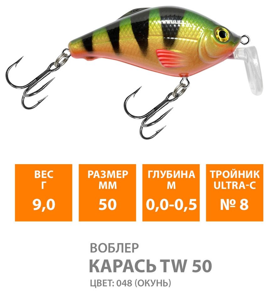 Воблер для рыбалки плавающий AQUA Карась TW 50mm 9g заглубление от 0.5m цвет 048