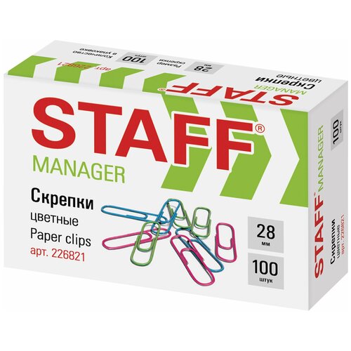 Скрепки STAFF Manager, 28 мм, цветные, 100 шт, в картонной коробке, 226821 В комплекте: 30шт.