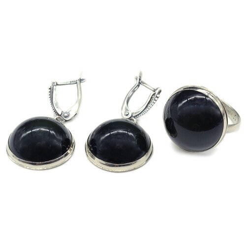 Комплект бижутерии Радуга Камня: кольцо, серьги, обсидиан, размер кольца 19, черный, коричневый