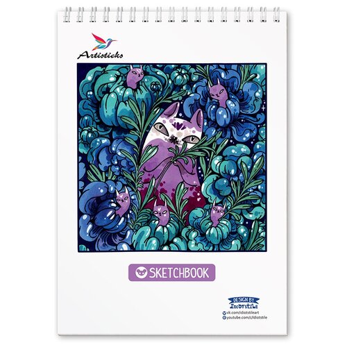 Скетчбук ARTISTICKS Cat In Flowers, 148х210 мм, 160 г/м2, 40 листов, твёрдая подложка, гребень
