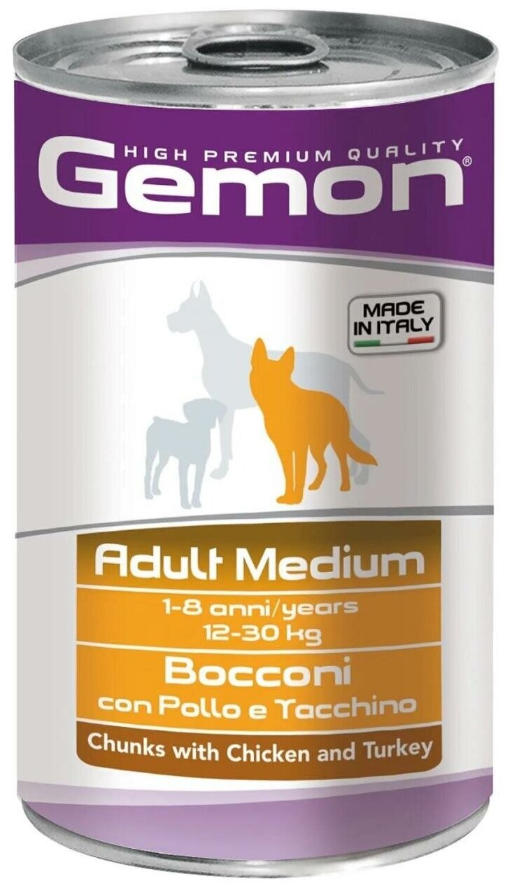 Gemon Dog Medium влажный корм для взрослых собак средних пород кусочки курицы с индейкой в консервах - 1,25 кг х 12 шт - фотография № 2