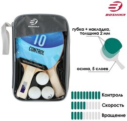 Набор для настольного тениса BOSHIKA "Control 10", 2 ракетки,3 мяча, накладка 1,5 мм, коническая ручка, цвет красный, черный