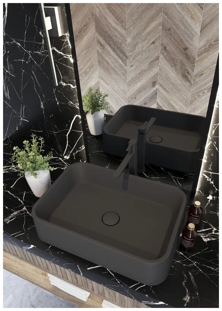 Раковина для ванной комнаты накладная Treia Floreshta 56*38 см, прямоугольная, темно-серая (бетон) - фотография № 4