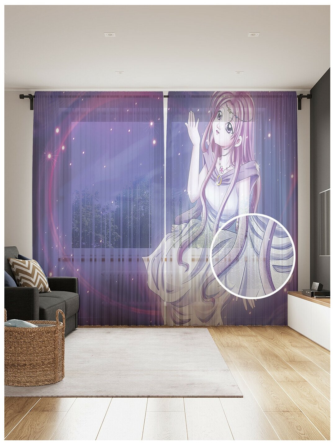 Тюль для кухни и спальни JoyArty "Лунная принцесса", 2 полотна со шторной лентой шириной по 145 см, высота 265 см. - фотография № 1