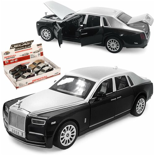 Металлическая машинка Wanbao 1:32 «Rolls-Royce Phantom» 8888D инерционная, свет, звук / Серебристо-черный