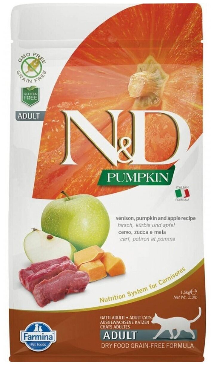 Сухой корм для взрослых кошек Farmina N&D Pumpkin, беззерновой, с олениной, с тыквой, с яблоком 1.5 кг