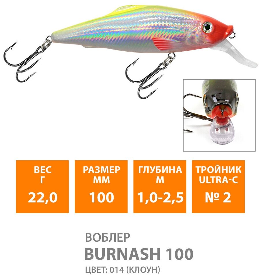 Воблер для рыбалки AQUA BURNASH 100mm, вес - 22,0g, цвет 014 (клоун)