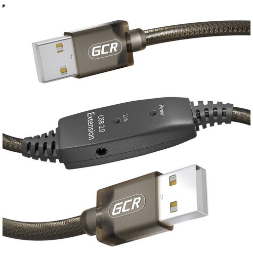 GCR Кабель активный 20.0m USB 2.0, AM/AM, черно-прозрачный, с усилителем сигнала, разъём для доп.питания, 24/22 AWG