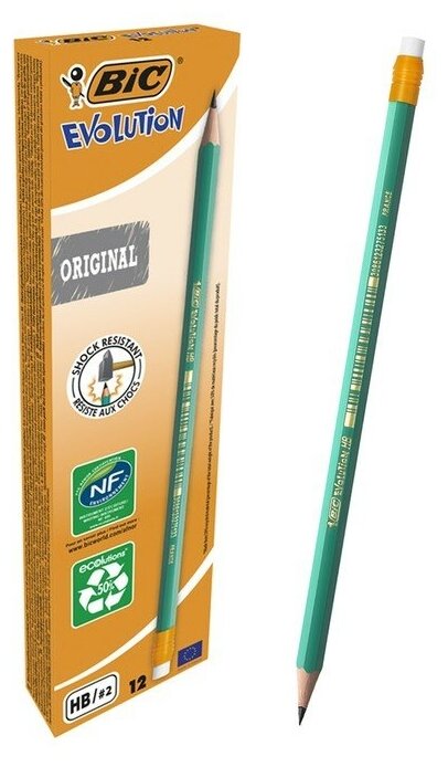 Карандаш чернографитный HB, BIC Evolution, c ластиком, зелёный корпус