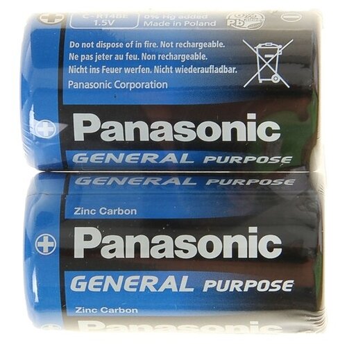 Батарейка солевая Panasonic General Purpose, C, R14-2S, 1.5В, спайка, 2 шт. panasonic батарейка солевая panasonic general purpose c r14 2s 1 5в спайка 2 шт