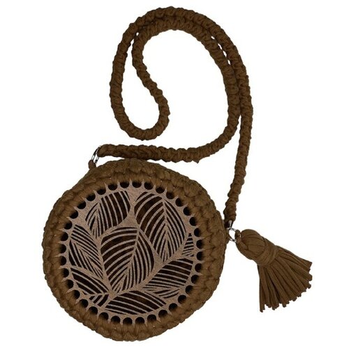 Вязаная круглая женская сумка коричневого цвета из трикотажа