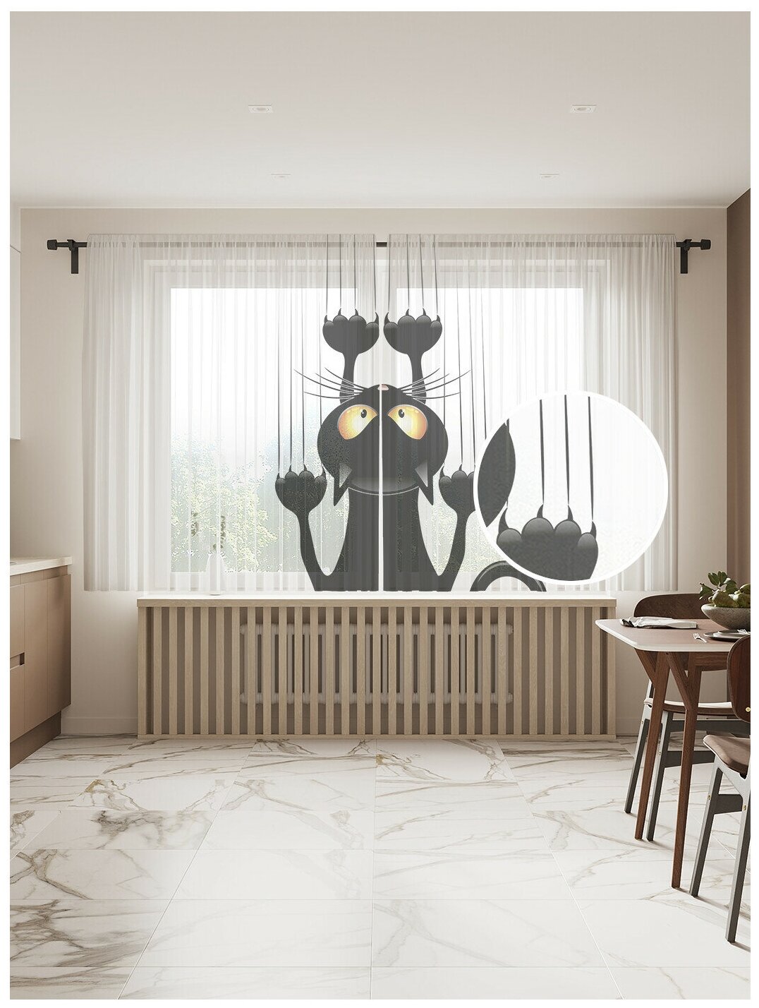 Тюль для кухни и спальни JoyArty "Вредный кот", 2 полотна со шторной лентой шириной по 145 см, высота 180 см.