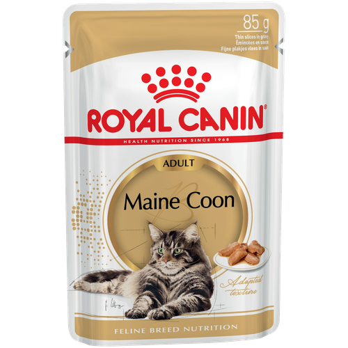 Влажный корм для взрослых кошек Royal Canin Мейн-кун, для здоровья кожи и блеска шерсти, мясное ассорти 10 шт. х 85 г (кусочки в соусе) royal canin early renal полнорационный влажный корм для взрослых кошек диетический кусочки в соусе в паучах 85 г