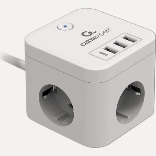 Изображение товара Сетевой фильтр Cablexpert Cube, 3 розетки, 1xType-C, 3xUSB, 1.5м, белый, коробка
