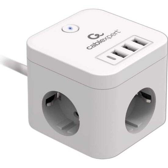 Сетевой фильтр Cablexpert Cube, 3 розетки, 1xType-C, 3xUSB, 1.5м, белый, коробка