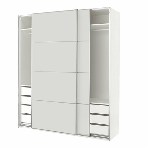 Шкаф-купе PAX HOKKSUND двухдверный с 7 ящиками, 2 полками и 2 штангами (белый, серый) 120*45*220