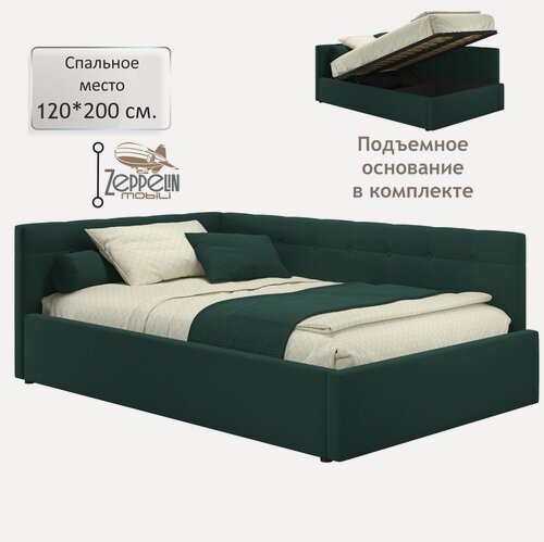 Изображение товара Кровать-тахта угловая Bonna 120х200 изумруд подъемная, мягкая спинка из велюра, с ортопедическими ламелями, с ящиком для хранения
