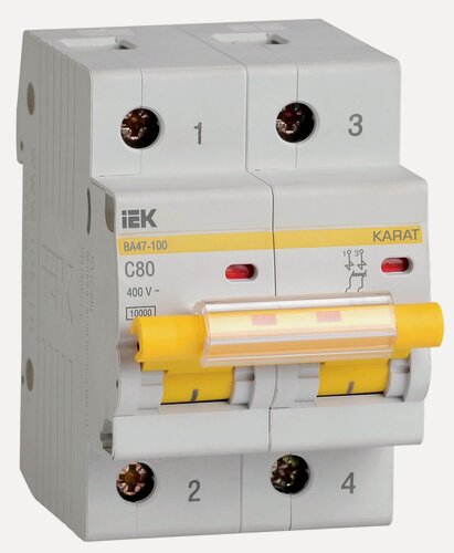 Изображение товара Автоматический выключатель IEK ВА47-100 2P C 80А 10кА, термомагнитный расцепитель, IP20, на DIN-рейку