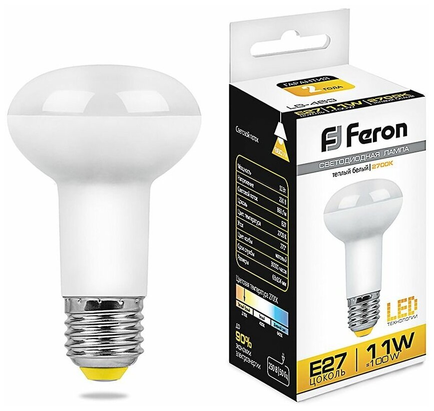 25510 Лампа светодиодная Feron 11W=100W 230V E27 Гриб R63 860Лм 2700К , упаковка 1шт