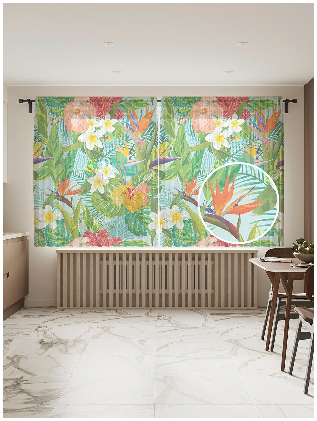 Тюль для кухни и спальни JoyArty "Разнообразие тропической флоры", 2 полотна со шторной лентой шириной по 145 см, высота 180 см.