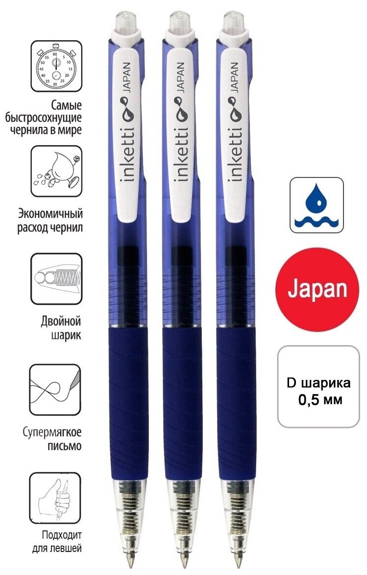 Ручка гелевая автоматическая 0,5мм PENAC Inketti, синяя (3шт)