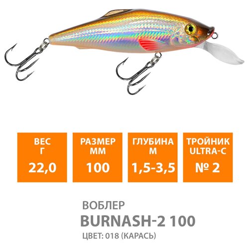 Воблер плавающий AQUA Burnash-2 100mm 22g заглубление от 1.5 до 3,5. Приманка для рыбалки на спиннинг, кастинг, троллинг, цвет 007 (2шт)