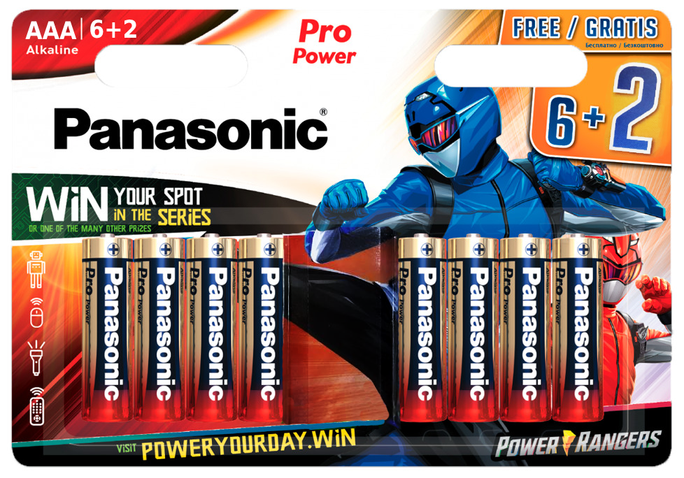 Батарейка Panasonic Pro POWER Power Rangers, щелочная, AAА, 8 шт. (LR03XEG/8B2FPR) - фото №1