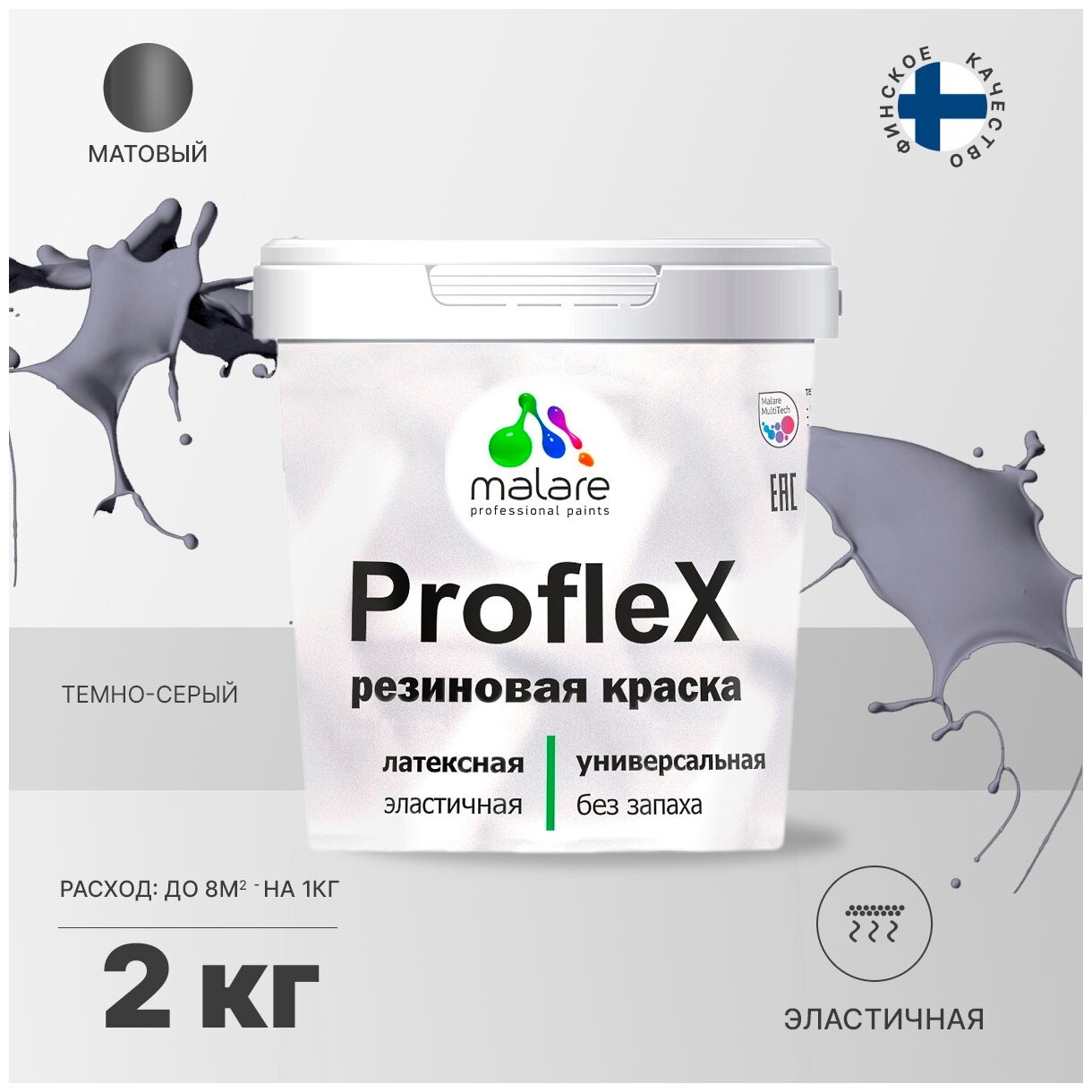 Краска резиновая Malare ProfleX для фасадов, интерьера, мебели, кровли, цоколей, универсальная, эластичная моющаяся, быстросохнущая, без запаха, матовая, темно-серый, 2 кг.