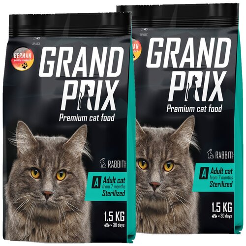 GRAND PRIX ADULT CAT STERILISED для взрослых кастрированных котов и стерилизованных кошек с кроликом (1,5 + 1,5 кг) зоогурман мясное ассорти для взрослых кастрированных котов и стерилизованных кошек с перепелкой и кроликом 250 гр х 15 шт