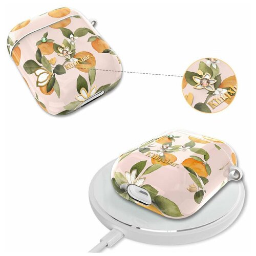 ехол пластиковый Kingxbar для Airpods 2, розовый, апельсины, со шнурком