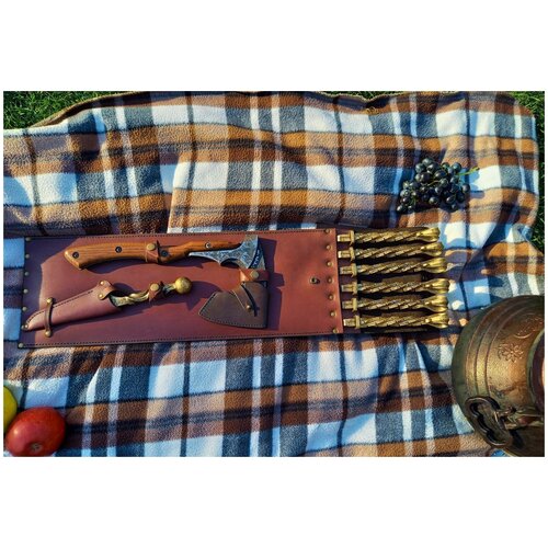 Подарочный набор кованных шампуров в комплекте с топором и нож-вилка для снятия мяса вилка для снятия мяса лиса цельное литье