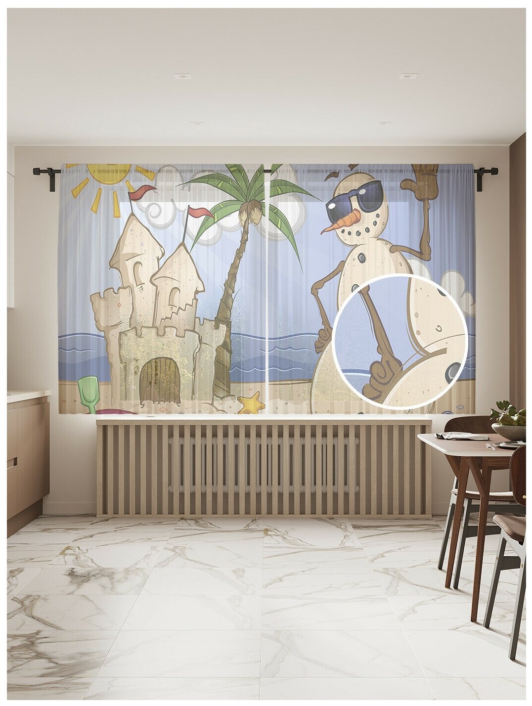 Тюль для кухни и спальни JoyArty "Песочный снеговик", 2 полотна со шторной лентой шириной по 145 см, высота 180 см.