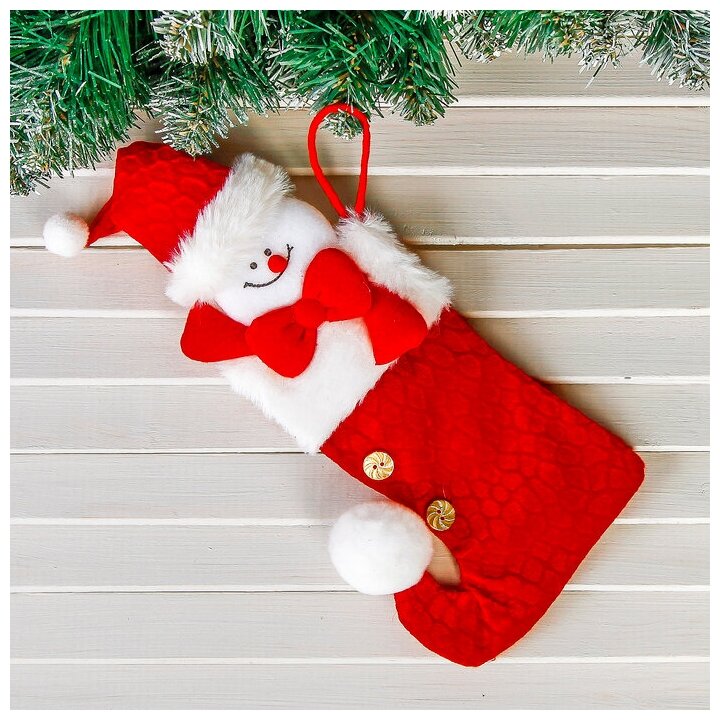 Носок для подарков "Помпошка" Снеговик, 12х26 см, красный