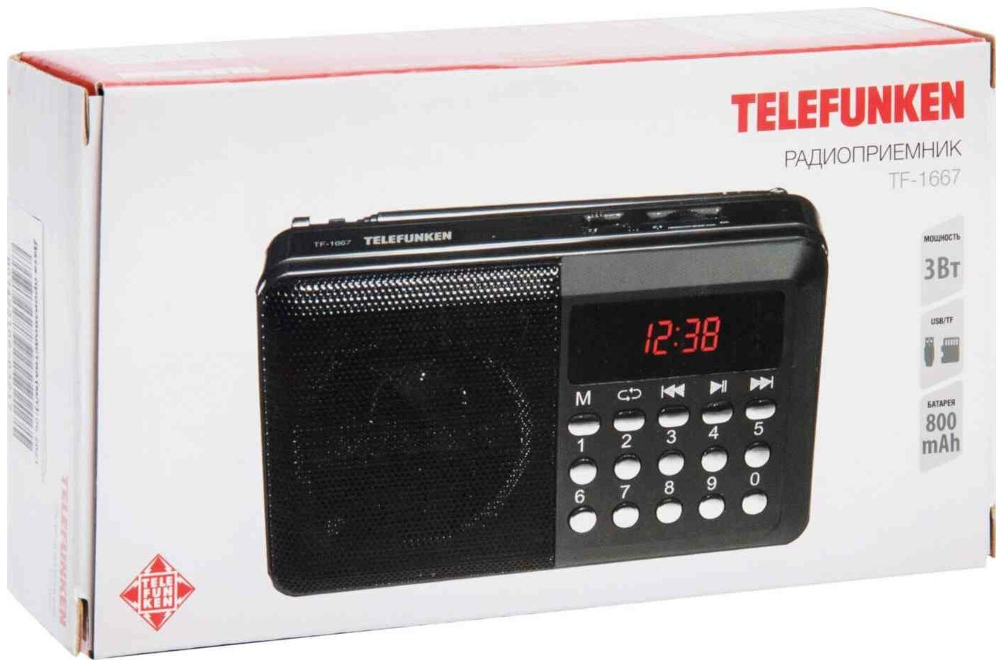 Радиоприемник Telefunken Tf-1667, FM+ 87.5 МГц - 108 МГц, Mp3, Usb, microSD,800 мАч, чёрный Telefunk