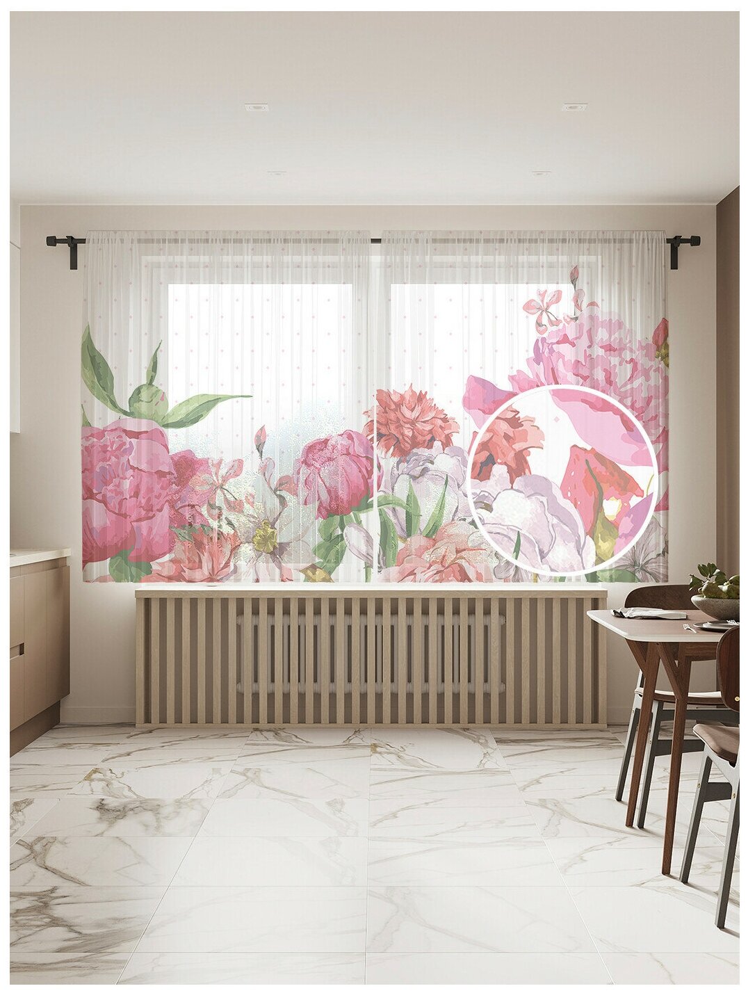 Тюль для кухни и спальни JoyArty "Переплетение роз и пионов", 2 полотна со шторной лентой шириной по 145 см, высота 180 см.