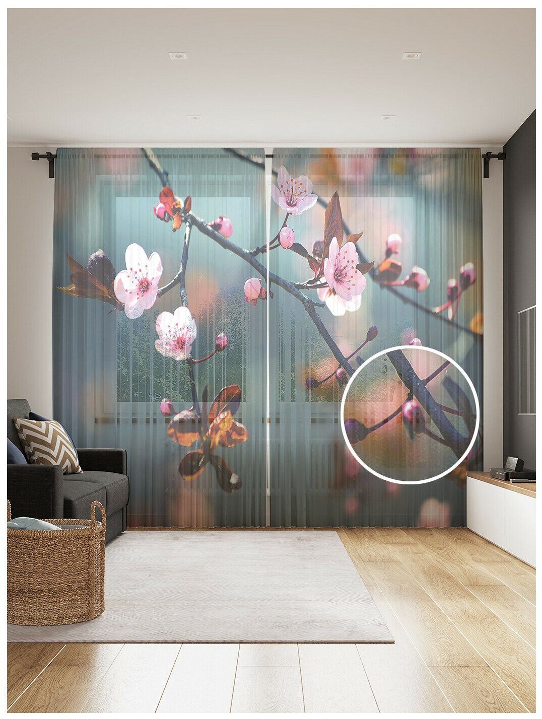 Тюль для кухни и спальни JoyArty "Весеннее цветение", 2 полотна со шторной лентой шириной по 145 см, высота 265 см. - фотография № 1