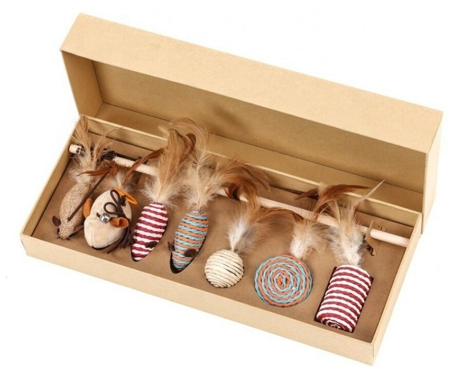 Набор игрушек для кошек в коробке 7 шт с удочкой-дразнилкой, мышки с перьями и д.р - фотография № 2