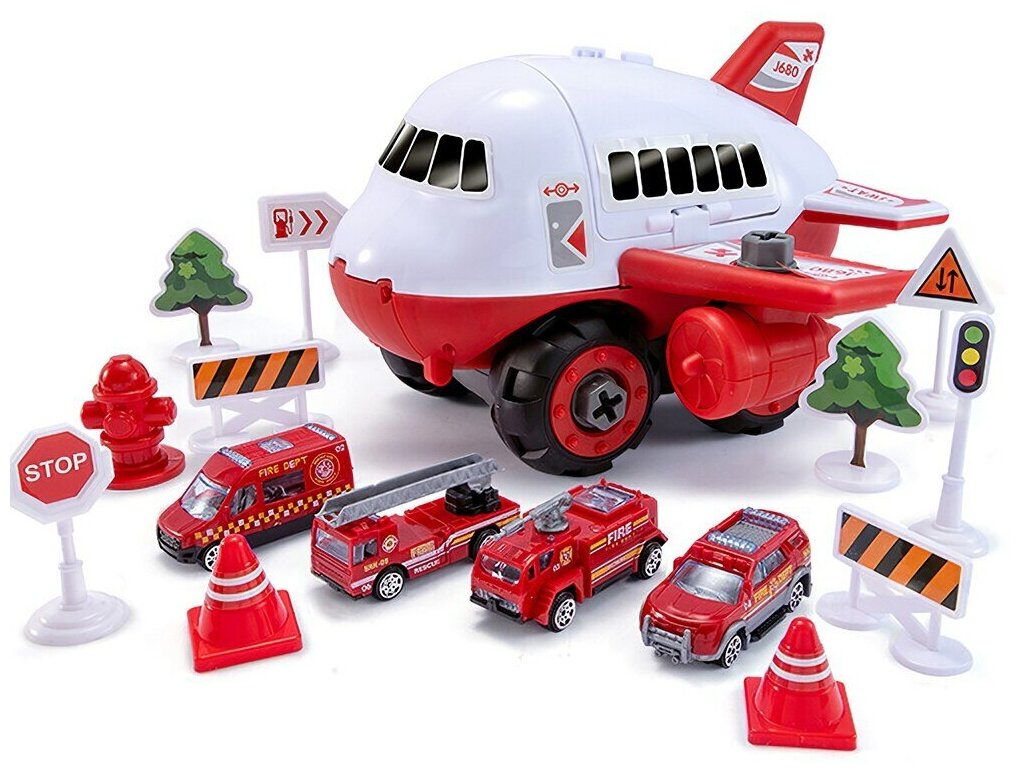 Детский транспортный самолет - конструктор с машинками полицейская пожарная бригада игрушечный воздушный транспорт подарок для девочек и мальчиков