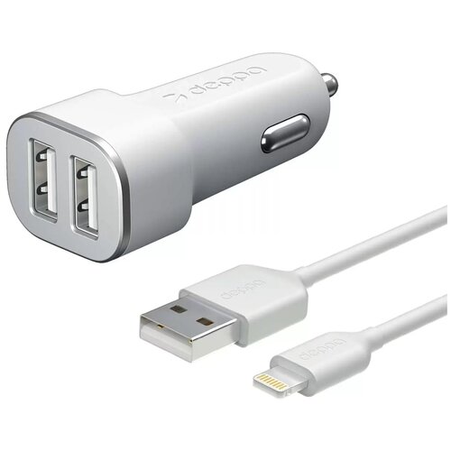 Автомобильное зарядное устройство 2 USB 2.4А + кабель Lightning, MFI, белый, Deppa 11291 зарядное устройство deppa ultra mfi apple lightning 2 4а 2xusb white 11291