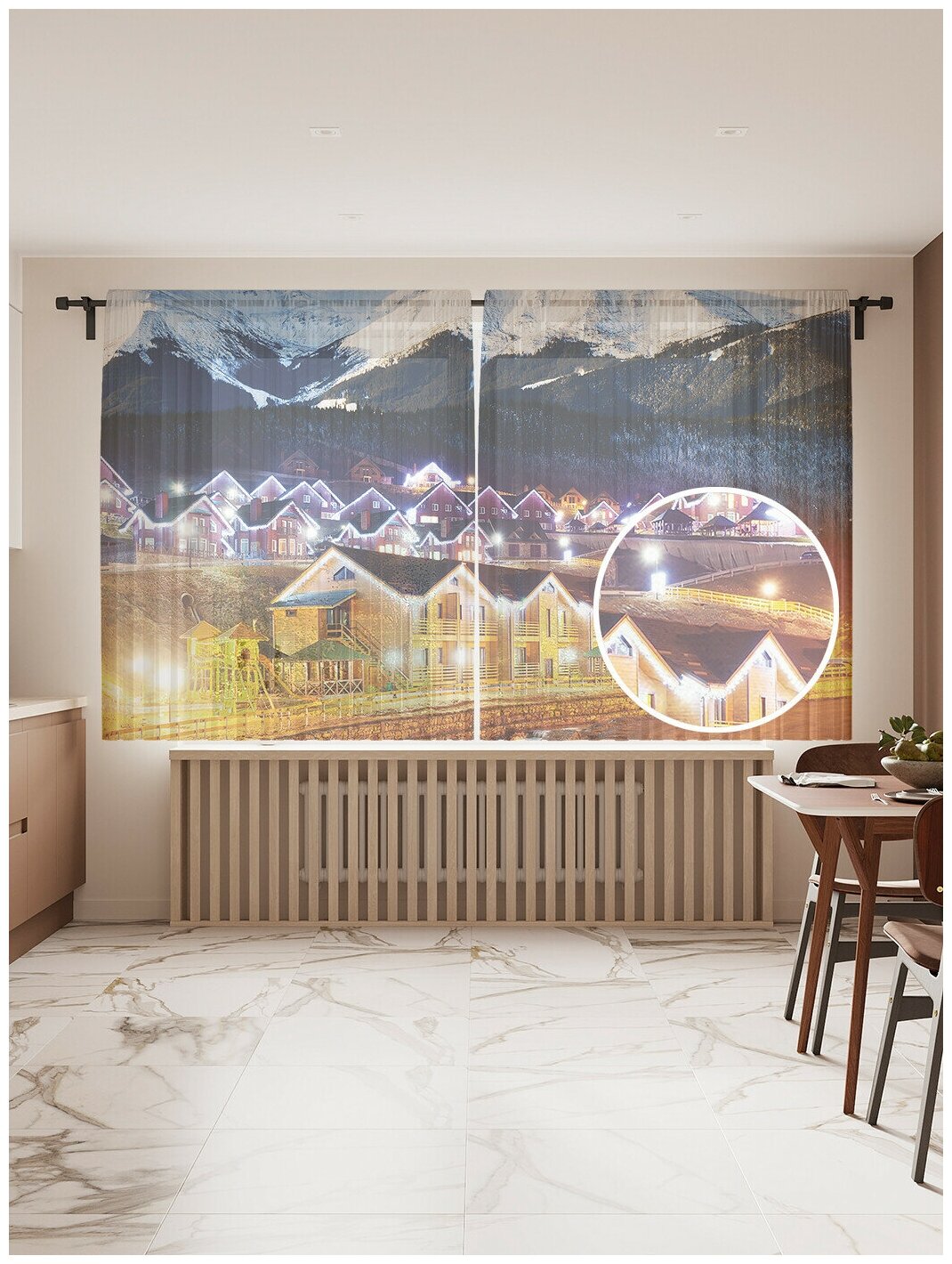 Тюль для кухни и спальни JoyArty "Праздничный город", 2 полотна со шторной лентой шириной по 145 см, высота 180 см.