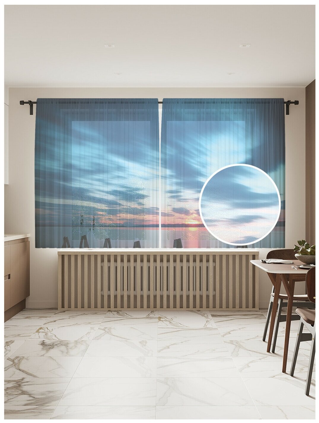 Тюль для кухни и спальни JoyArty "Океанский закат", 2 полотна со шторной лентой шириной по 145 см, высота 180 см.