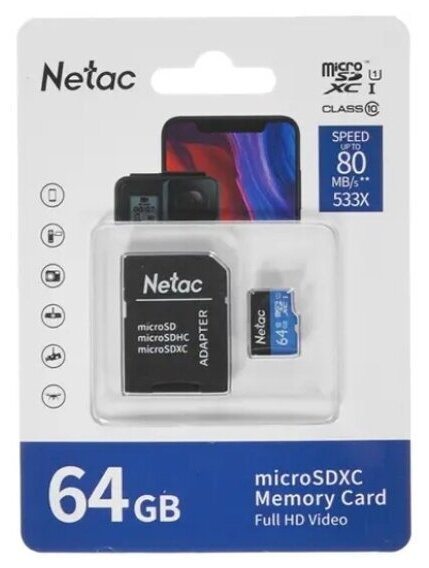 Карта памяти Netac P500 MicroSDXC 64Gb Class 10 UHS-I 80MB/s + ADP (NT02P500STN-064G-R)