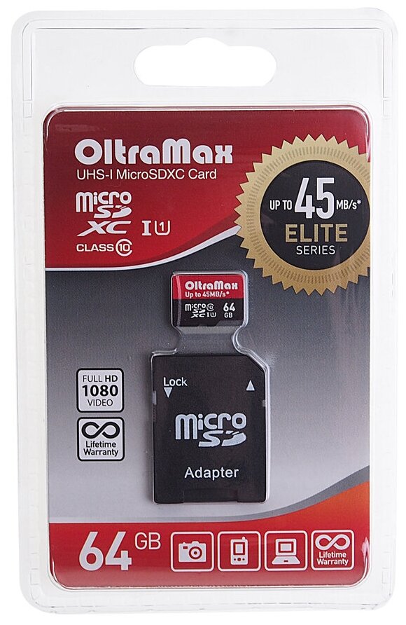 Карта памяти 64GB MicroSD class 10 + SD адаптер OLTRAMAX OM064GCSDXC10UHS-1-ElU1