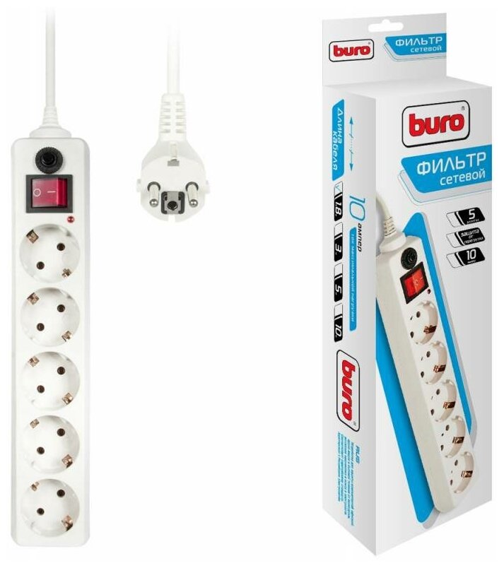 фото Сетевой фильтр BURO 500SH-1.8-W 1.8м (5 розеток) белый (коробка)