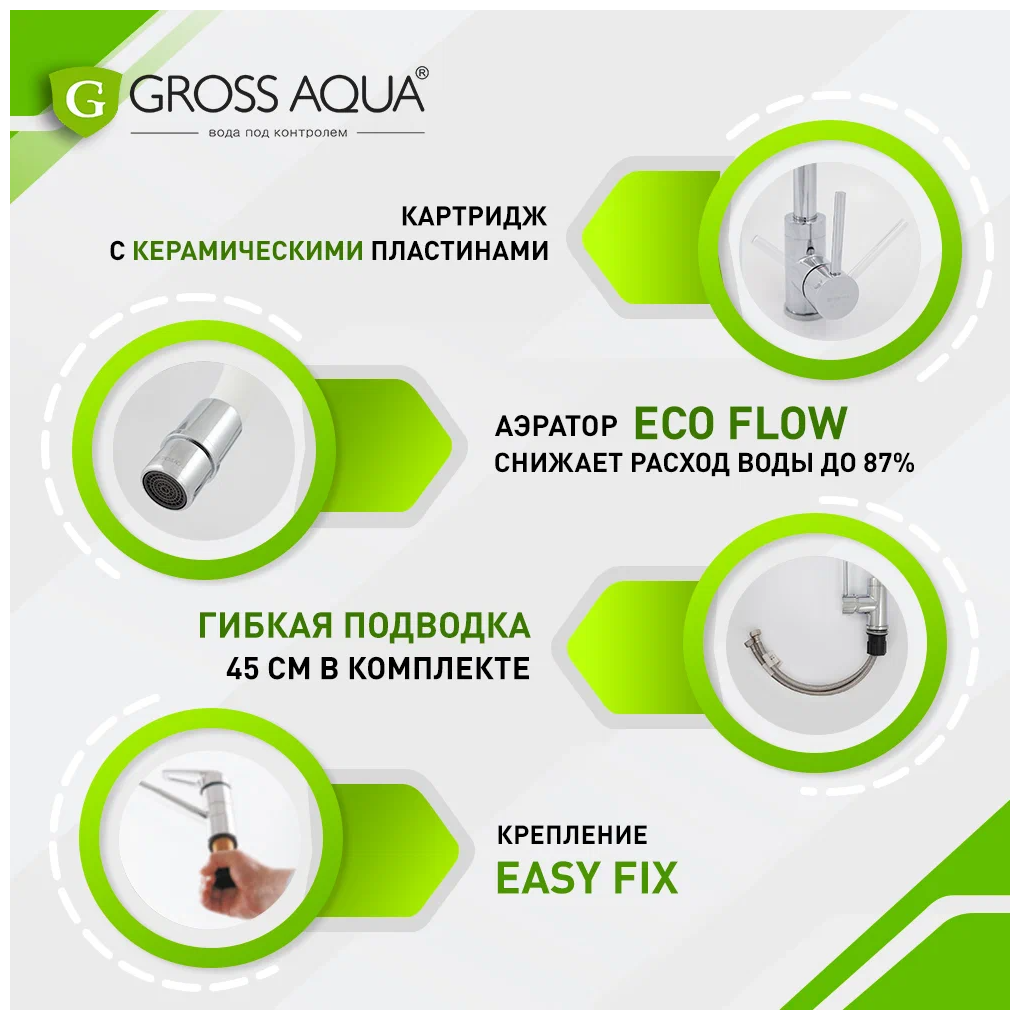 Смеситель для кухни с гибким силиконовым изливом GROSS AQUA ColorFlex, латунь, хром, белый, 3241508W. - фотография № 13