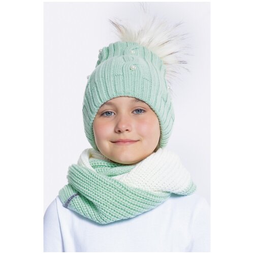 фото Шапка шалуны зимняя, с помпоном, подкладка, вязаная, размер 54, зеленый