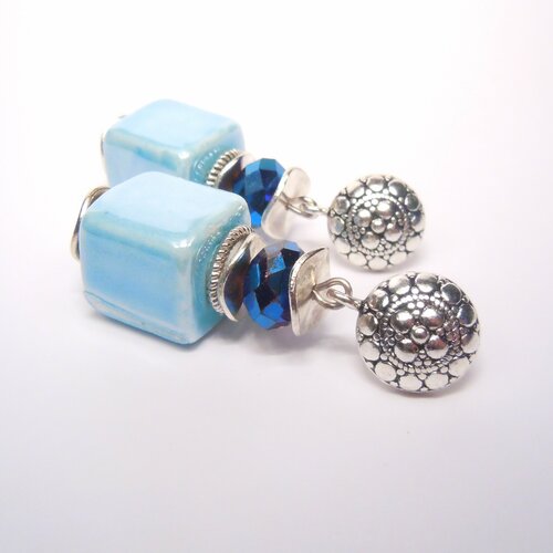 Серьги GulNara, стекло, керамика, металл, размер/диаметр 50 мм, голубой, синий браслет в пастельной гамме с квадратными бусинами из фарфора размер 20 см