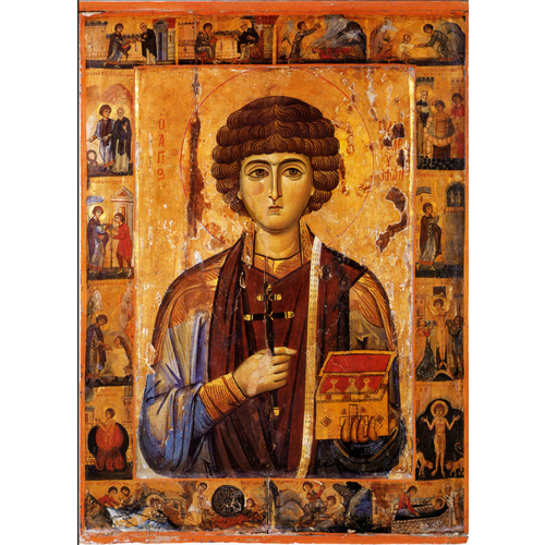 Святой Пантелеимон с житием деревянная икона на левкасе 26 см
