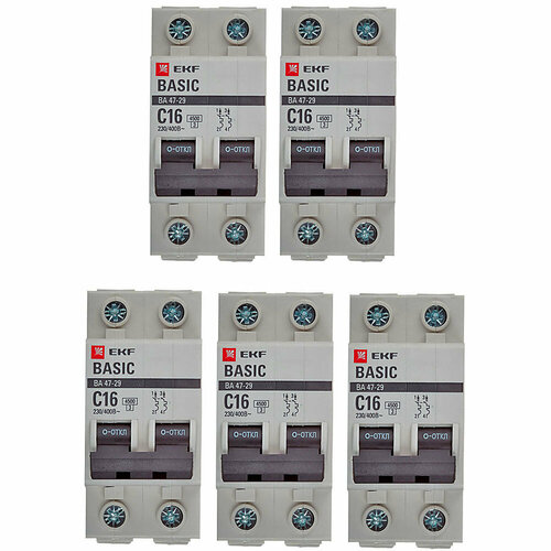 Автоматический выключатель EKF ВА 47-29 (mcb4729-2-16C) 2P 16А тип C 4,5 кА 400 В на DIN-рейку (5 шт.)